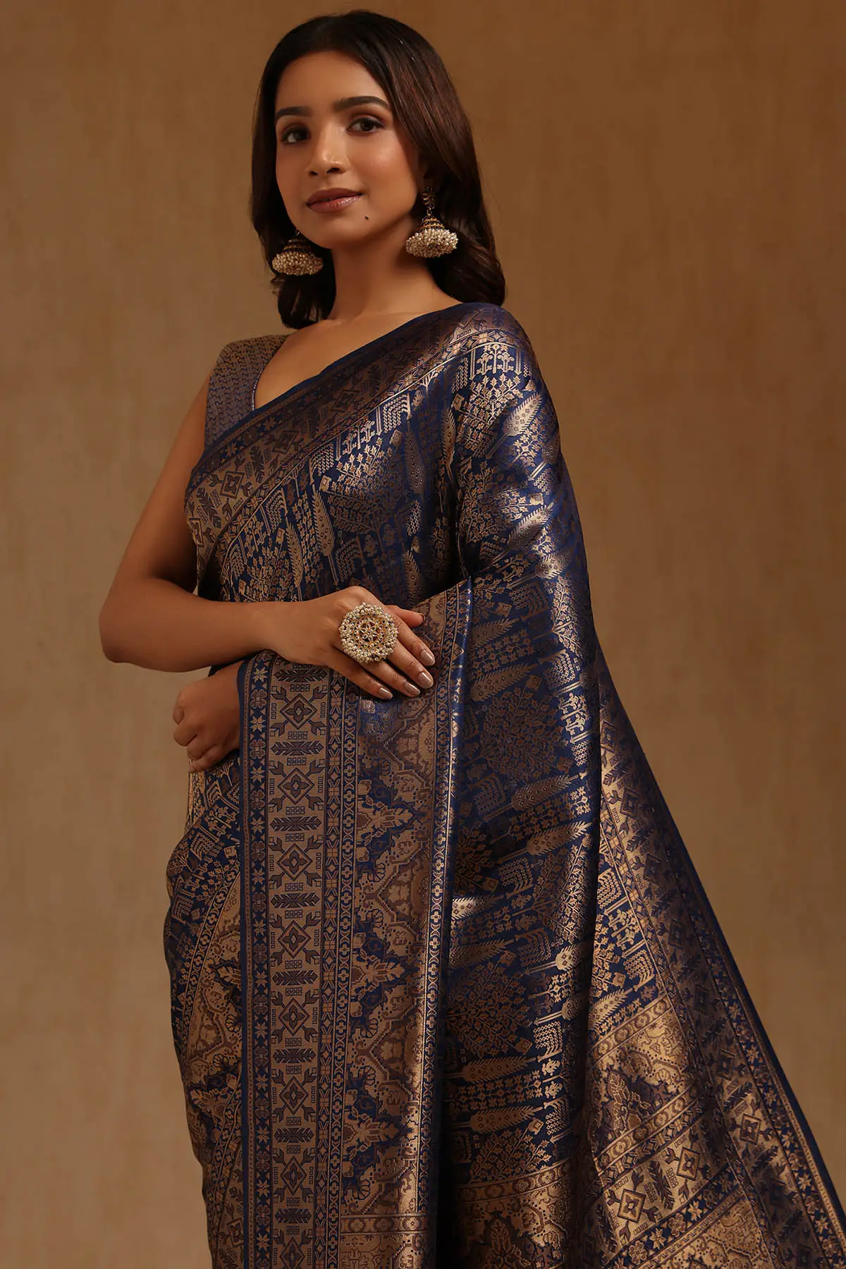 Navy Blue Tussar Woven Designs Saree With Zari